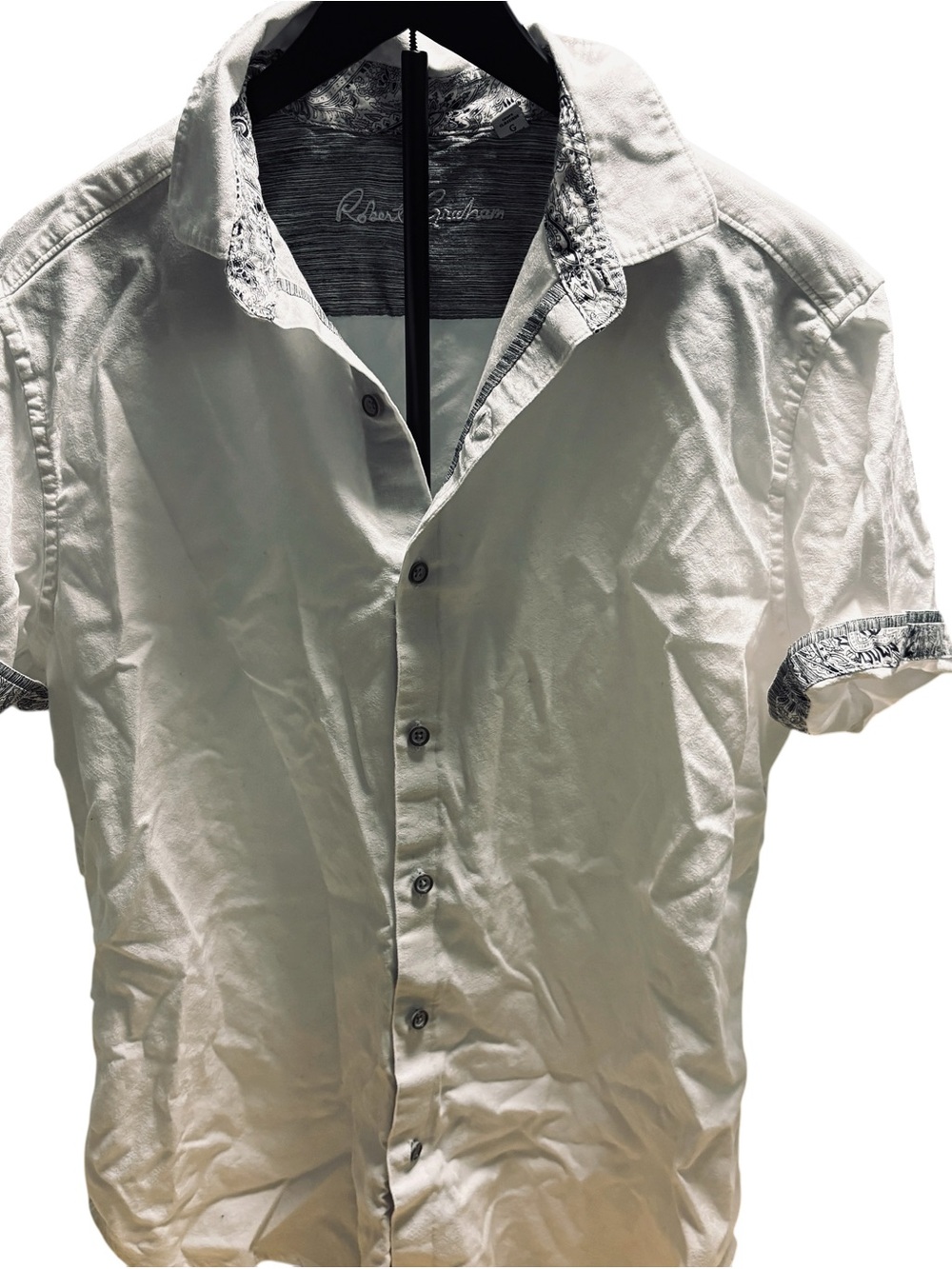 Robert Graham White Short-Sleeve Button-Down Shirt with Patterned Trim Large